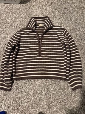Faherty Striped Brown and Cream Half-Zip Knit Sweater